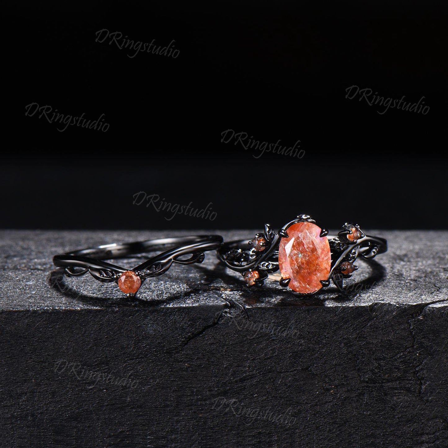 1.5ct Oval Natural Sunstone Engagement Ring Set Gothic Black Gold Leaf Vine Orange Promise Ring Golden Sunstone Cluster Ring Gift for Women