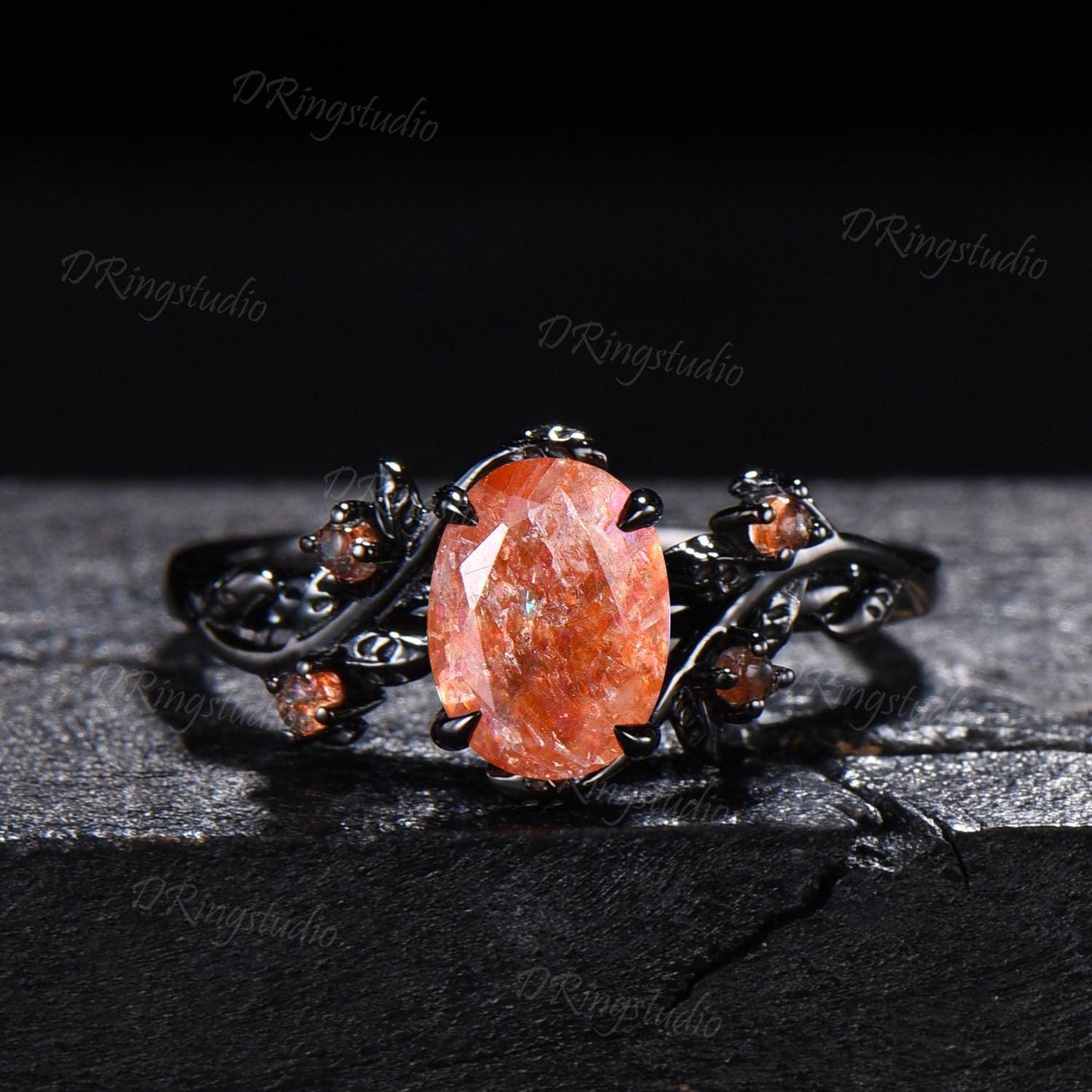 1.5ct Oval Natural Sunstone Engagement Ring Set Gothic Black Gold Leaf Vine Orange Promise Ring Golden Sunstone Cluster Ring Gift for Women