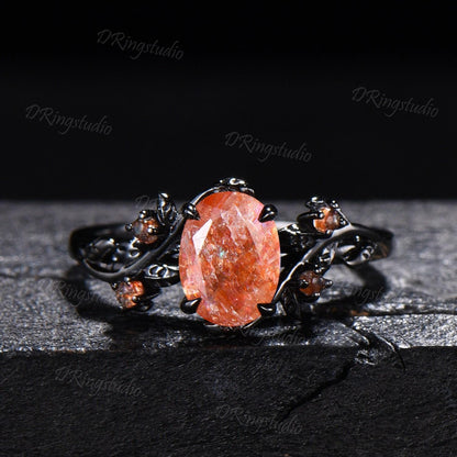 1.5ct Oval Natural Sunstone Engagement Ring Set Gothic Black Gold Leaf Vine Orange Promise Ring Golden Sunstone Cluster Ring Gift for Women