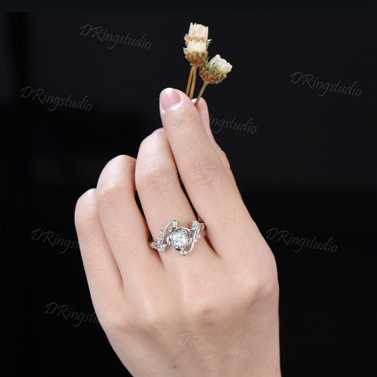 White Gold Snake Round Blue Moonstone Engagement Ring Rose Flower Twig Vine Natural Moonstone Peridot Wedding Ring Serpent Ring Promise Gift