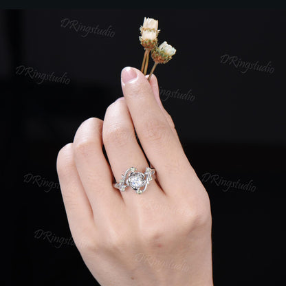 White Gold Snake Round Blue Moonstone Engagement Ring Rose Flower Twig Vine Natural Moonstone Peridot Wedding Ring Serpent Ring Promise Gift