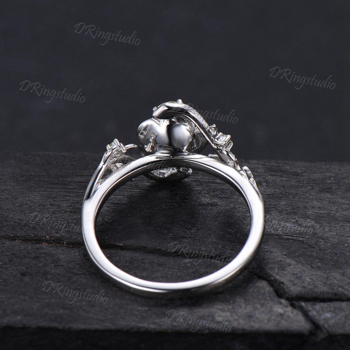 White Gold Snake Round Blue Moonstone Engagement Ring Rose Flower Twig Vine Natural Moonstone Peridot Wedding Ring Serpent Ring Promise Gift
