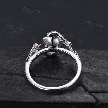 White Gold Snake Round Blue Moonstone Engagement Ring Rose Flower Twig Vine Natural Moonstone Peridot Wedding Ring Serpent Ring Promise Gift