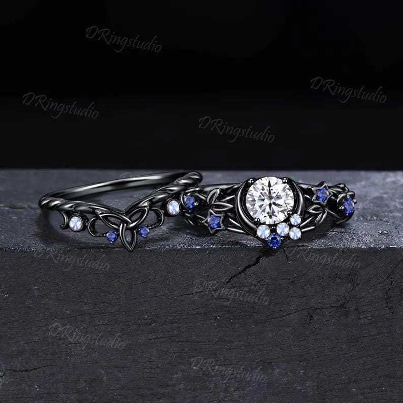 Round Moissanite Black Gold Celestial Crown Engagement Ring Celtic knot Blue Sapphire Moonstone Wedding Ring Black Moon Witchy Ring Set