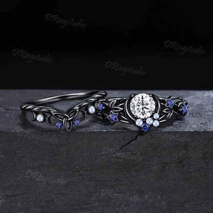 Round Moissanite Black Gold Celestial Crown Engagement Ring Celtic knot Blue Sapphire Moonstone Wedding Ring Black Moon Witchy Ring Set