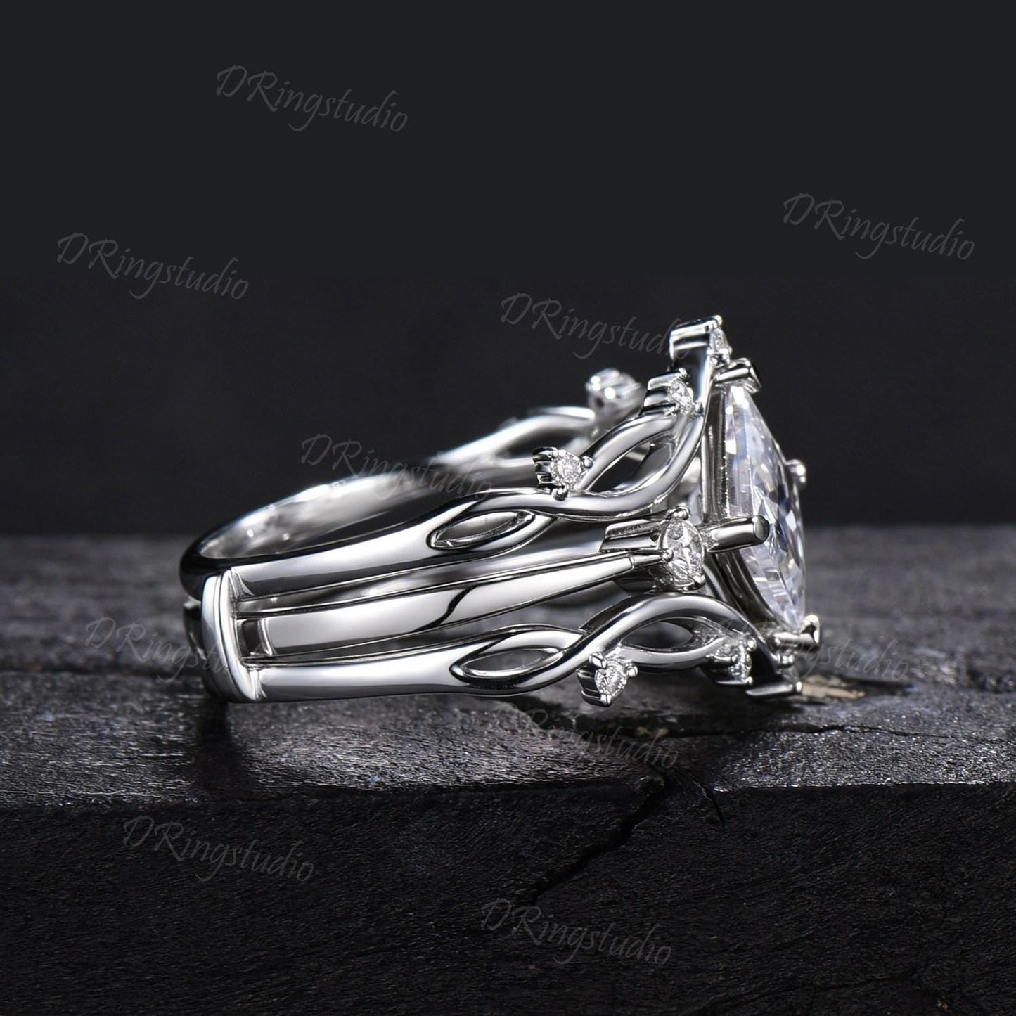 2ct Princess Cut Moissanite Engagement Ring Set Twisted Vine Stackable 14K White Gold Wedding Ring Cluster Moissanite Diamond Bridal Set