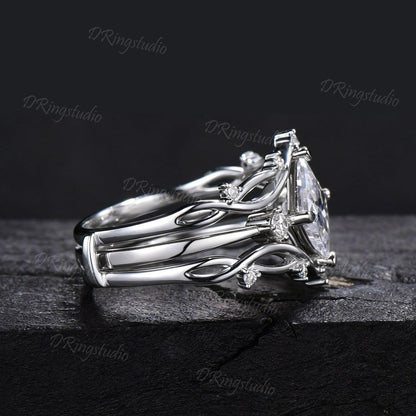 2ct Princess Cut Moissanite Engagement Ring Set Twisted Vine Stackable 14K White Gold Wedding Ring Cluster Moissanite Diamond Bridal Set