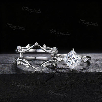 2ct Princess Cut Moissanite Engagement Ring Set Twisted Vine Stackable 14K White Gold Wedding Ring Cluster Moissanite Diamond Bridal Set
