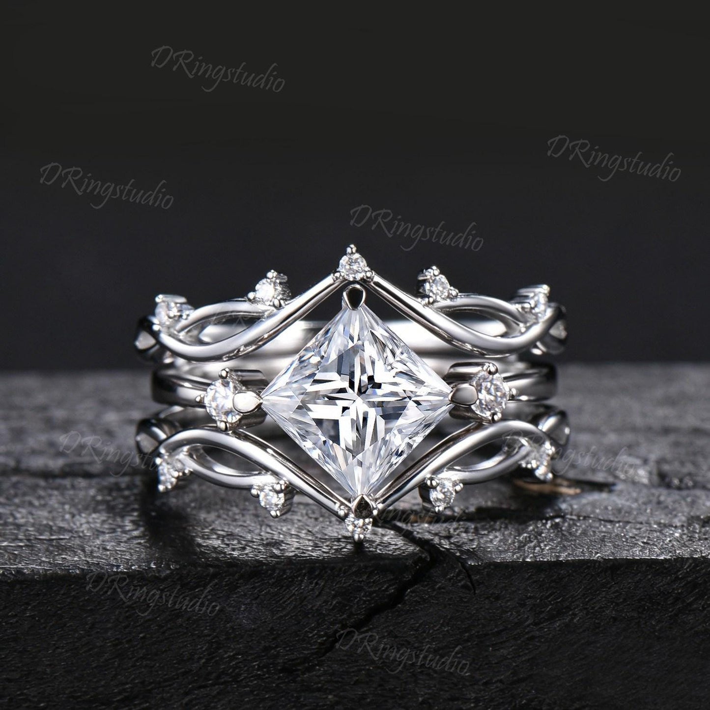 2ct Princess Cut Moissanite Engagement Ring Set Twisted Vine Stackable 14K White Gold Wedding Ring Cluster Moissanite Diamond Bridal Set