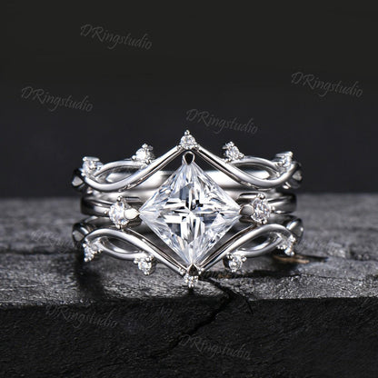 2ct Princess Cut Moissanite Engagement Ring Set Twisted Vine Stackable 14K White Gold Wedding Ring Cluster Moissanite Diamond Bridal Set