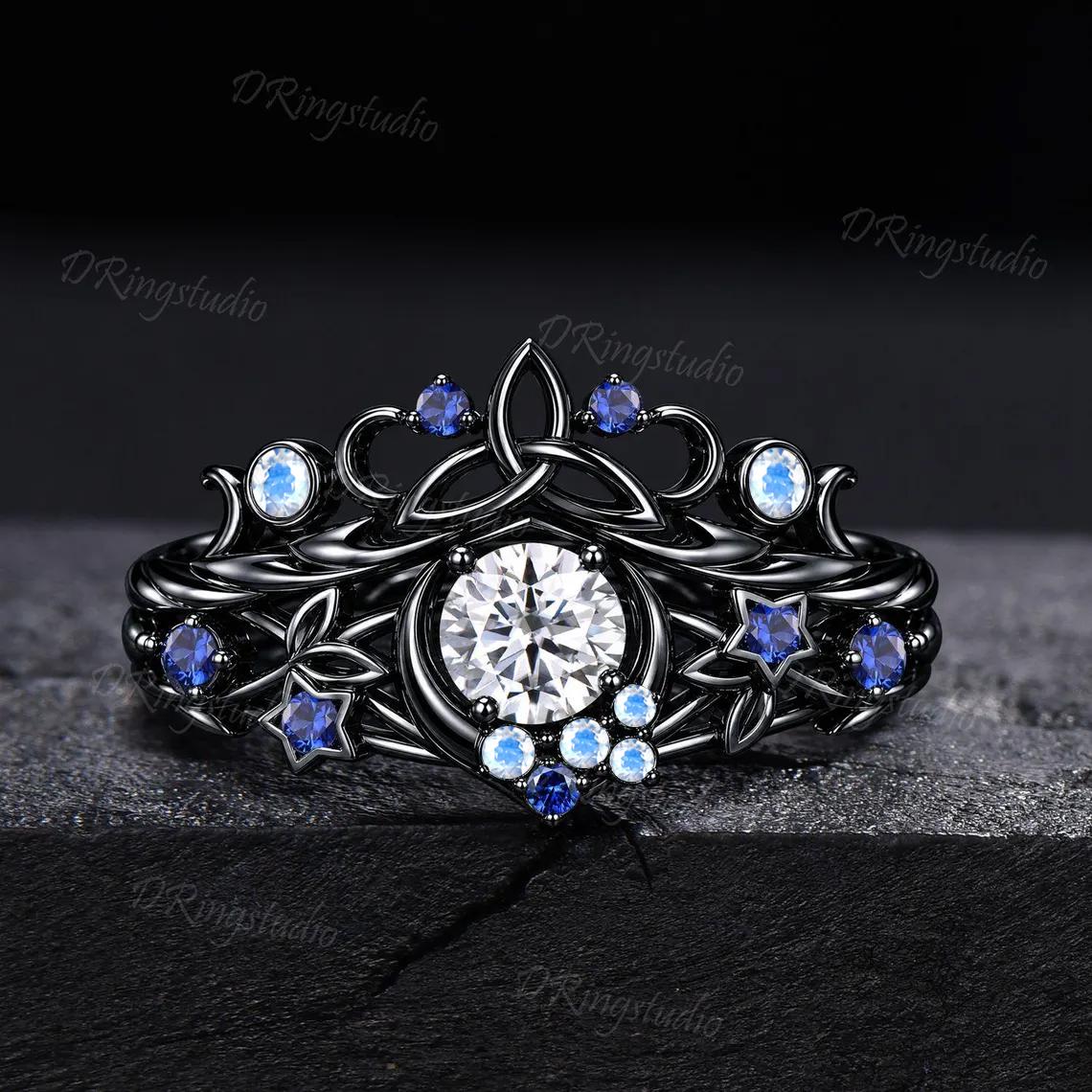 Round Moissanite Black Gold Celestial Crown Engagement Ring Celtic knot Blue Sapphire Moonstone Wedding Ring Black Moon Witchy Ring Set