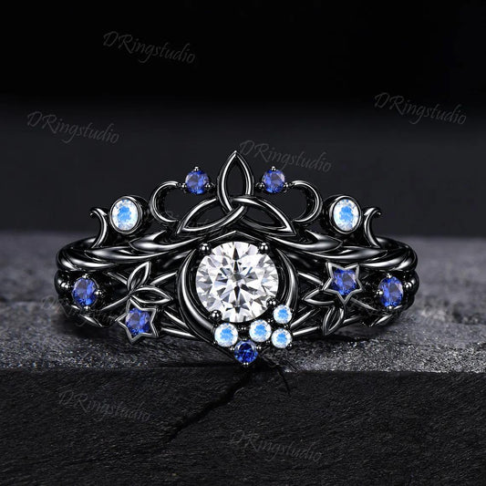 Round Moissanite Black Gold Celestial Crown Engagement Ring Celtic knot Blue Sapphire Moonstone Wedding Ring Black Moon Witchy Ring Set