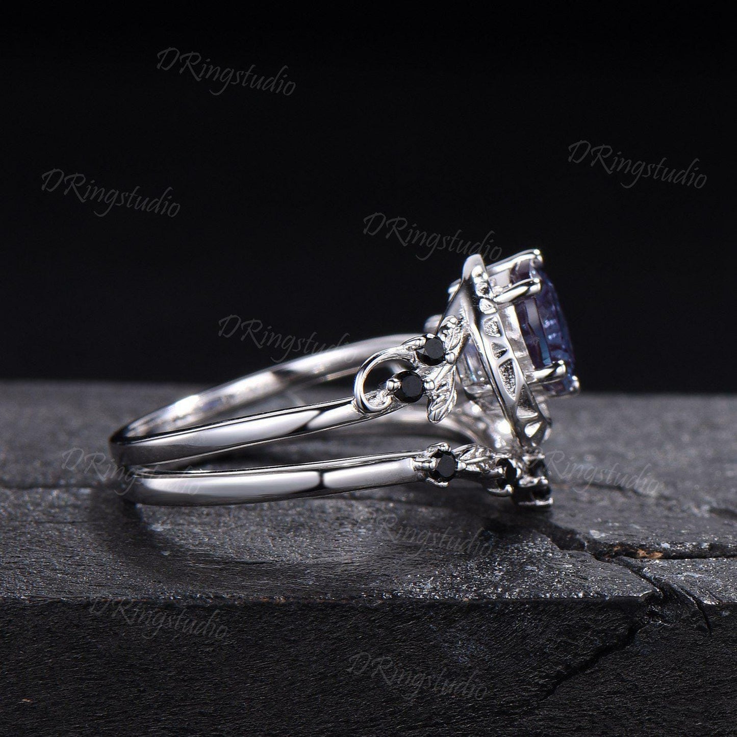 1ct Round Fireworks Cut Alexandrite Crescent Moon Engagement Ring Set Nature Leaf Cluster Amethyst Black Spinel Silver Stacking Ring Set