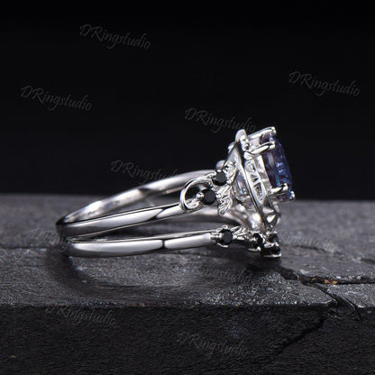 1ct Round Fireworks Cut Alexandrite Crescent Moon Engagement Ring Set Nature Leaf Cluster Amethyst Black Spinel Silver Stacking Ring Set