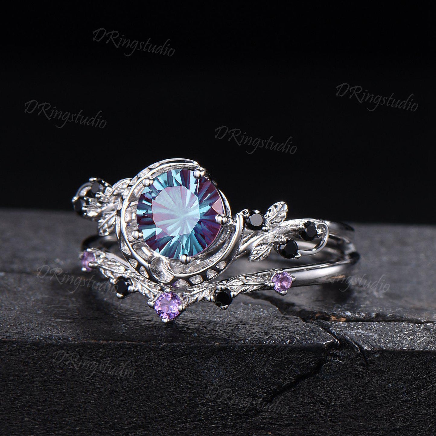 1ct Round Fireworks Cut Alexandrite Crescent Moon Engagement Ring Set Nature Leaf Cluster Amethyst Black Spinel Silver Stacking Ring Set