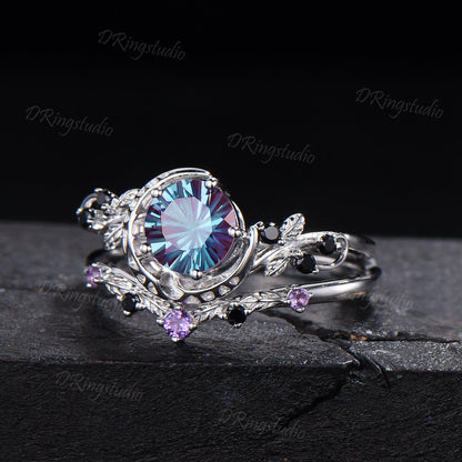 1ct Round Fireworks Cut Alexandrite Crescent Moon Engagement Ring Set Nature Leaf Cluster Amethyst Black Spinel Silver Stacking Ring Set