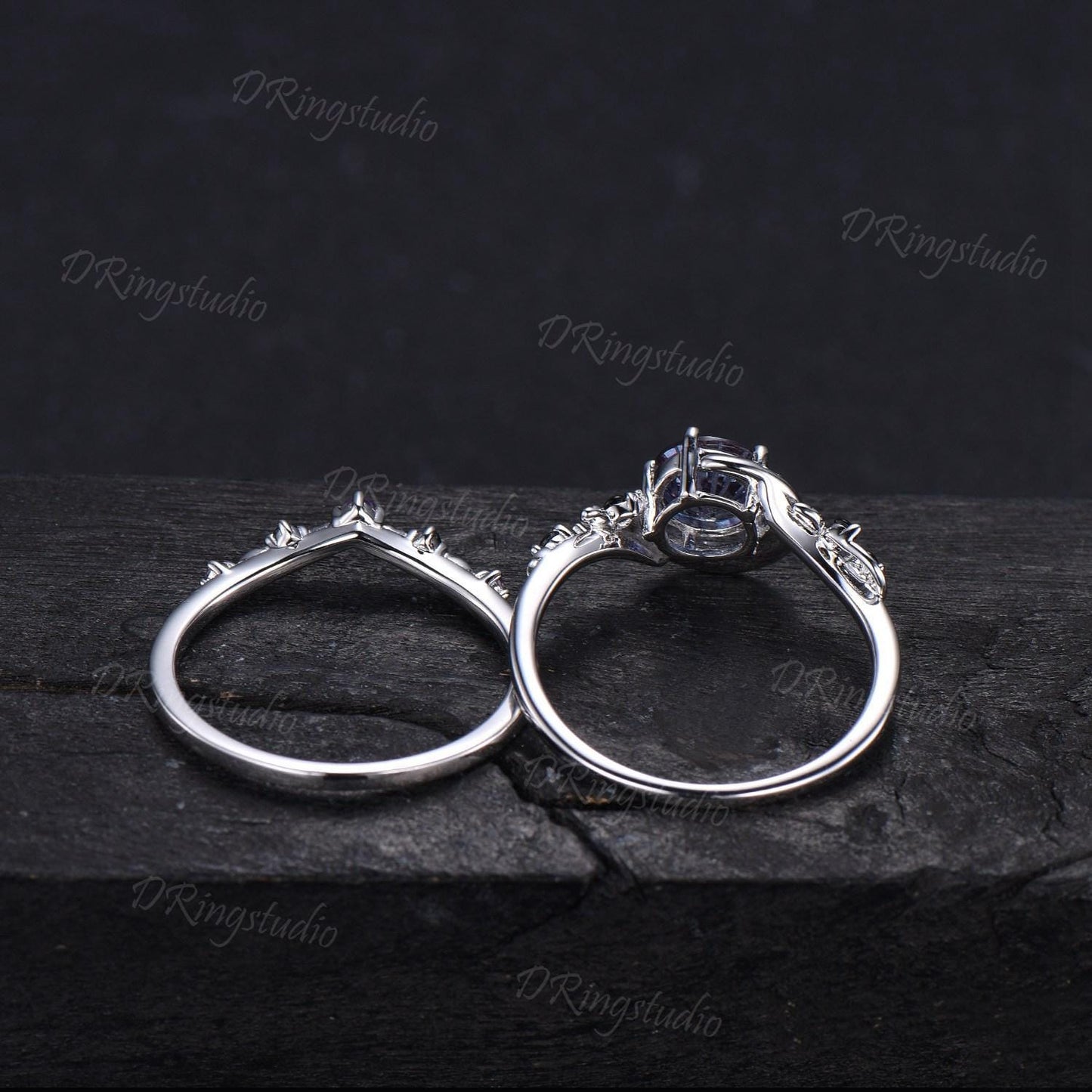 1ct Round Fireworks Cut Alexandrite Crescent Moon Engagement Ring Set Nature Leaf Cluster Amethyst Black Spinel Silver Stacking Ring Set