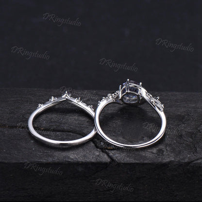 1ct Round Fireworks Cut Alexandrite Crescent Moon Engagement Ring Set Nature Leaf Cluster Amethyst Black Spinel Silver Stacking Ring Set