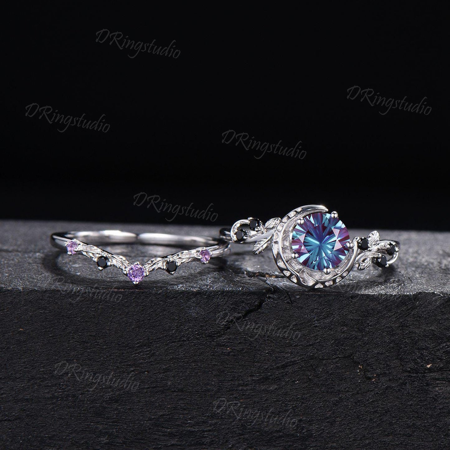 1ct Round Fireworks Cut Alexandrite Crescent Moon Engagement Ring Set Nature Leaf Cluster Amethyst Black Spinel Silver Stacking Ring Set