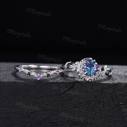 1ct Round Fireworks Cut Alexandrite Crescent Moon Engagement Ring Set Nature Leaf Cluster Amethyst Black Spinel Silver Stacking Ring Set