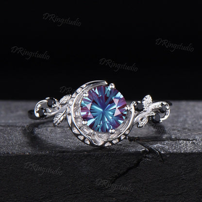 1ct Round Fireworks Cut Alexandrite Crescent Moon Engagement Ring Set Nature Leaf Cluster Amethyst Black Spinel Silver Stacking Ring Set