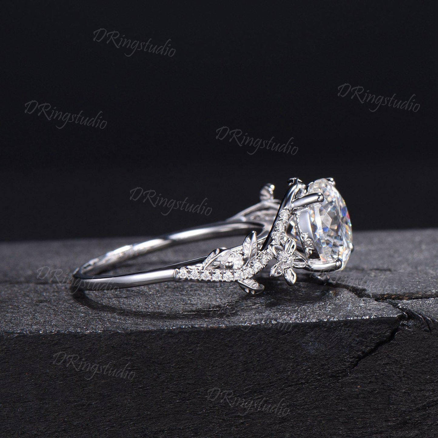 3ct Portuguese Cut Moissanite Engagement Ring 14K White Gold Entangled Vines Bridal Ring Nature Flower Colorless Moissanite Promise Ring
