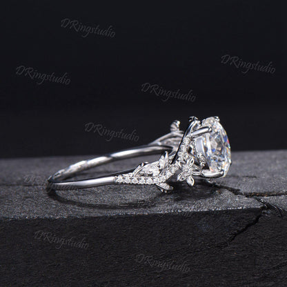 3ct Portuguese Cut Moissanite Engagement Ring 14K White Gold Entangled Vines Bridal Ring Nature Flower Colorless Moissanite Promise Ring