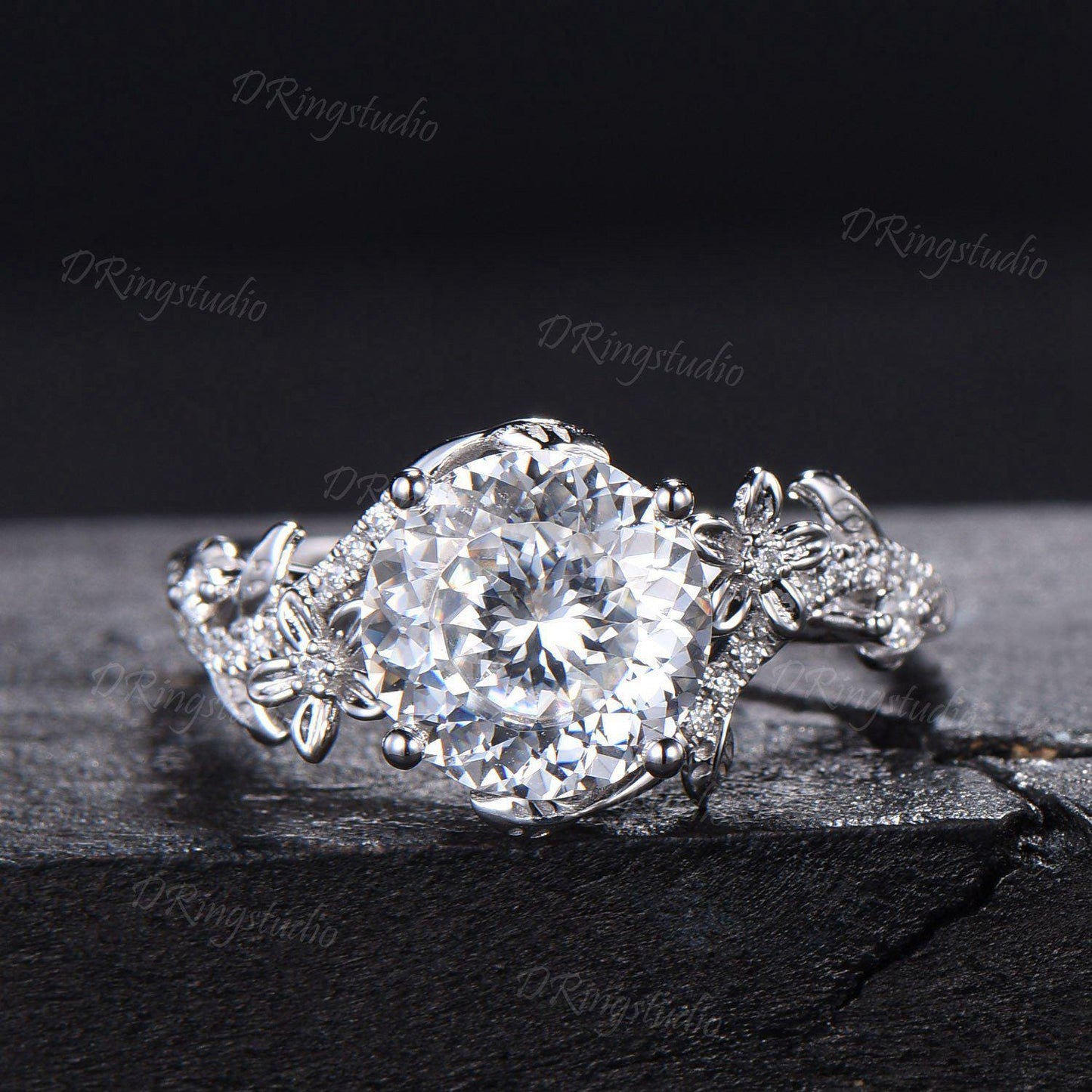 3ct Portuguese Cut Moissanite Engagement Ring 14K White Gold Entangled Vines Bridal Ring Nature Flower Colorless Moissanite Promise Ring