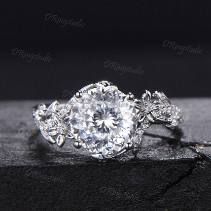3ct Portuguese Cut Moissanite Engagement Ring 14K White Gold Entangled Vines Bridal Ring Nature Flower Colorless Moissanite Promise Ring