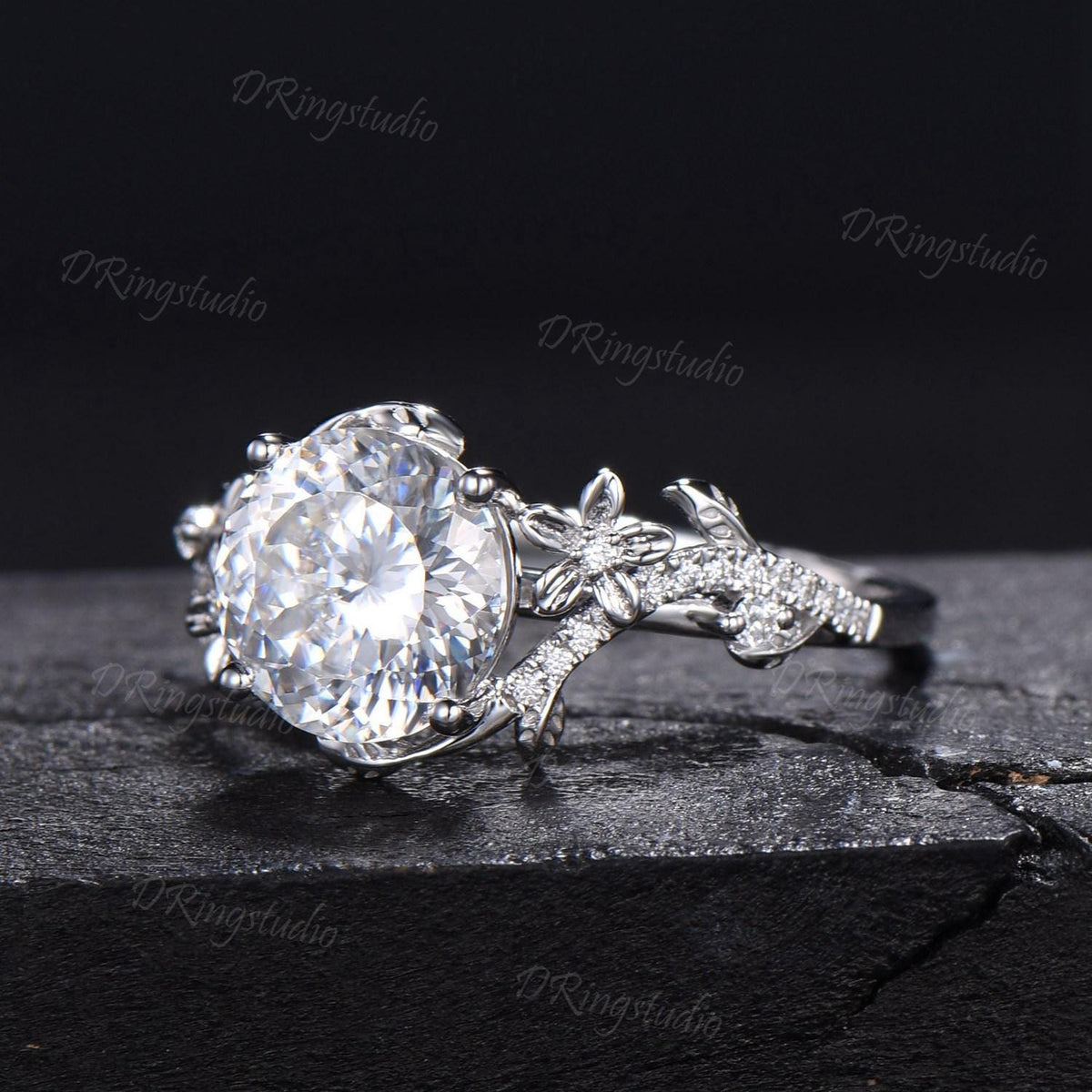 3ct Portuguese Cut Moissanite Engagement Ring 14K White Gold Entangled Vines Bridal Ring Nature Flower Colorless Moissanite Promise Ring