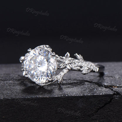 3ct Portuguese Cut Moissanite Engagement Ring 14K White Gold Entangled Vines Bridal Ring Nature Flower Colorless Moissanite Promise Ring