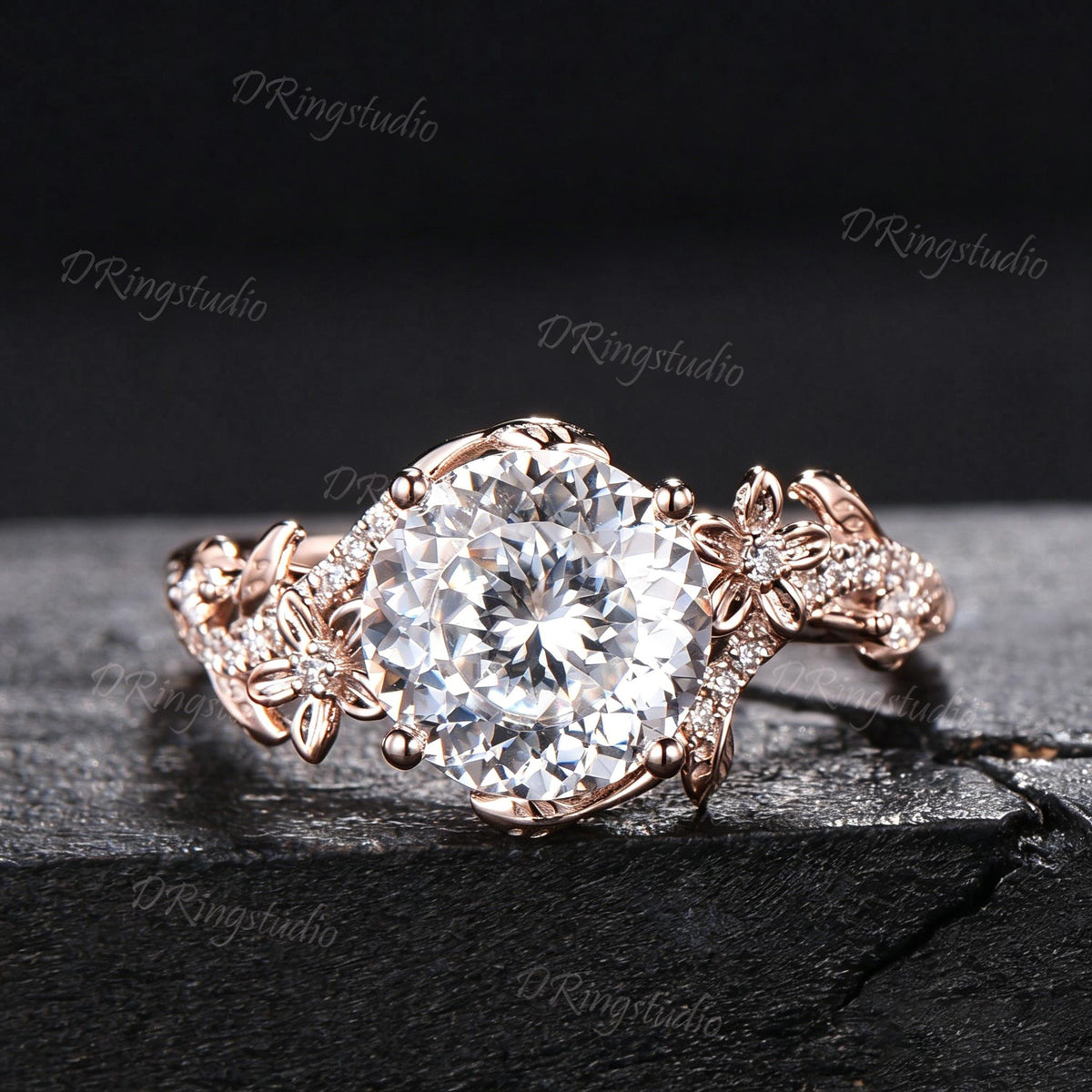 3ct Portuguese Cut Moissanite Engagement Ring 14K White Gold Entangled Vines Bridal Ring Nature Flower Colorless Moissanite Promise Ring