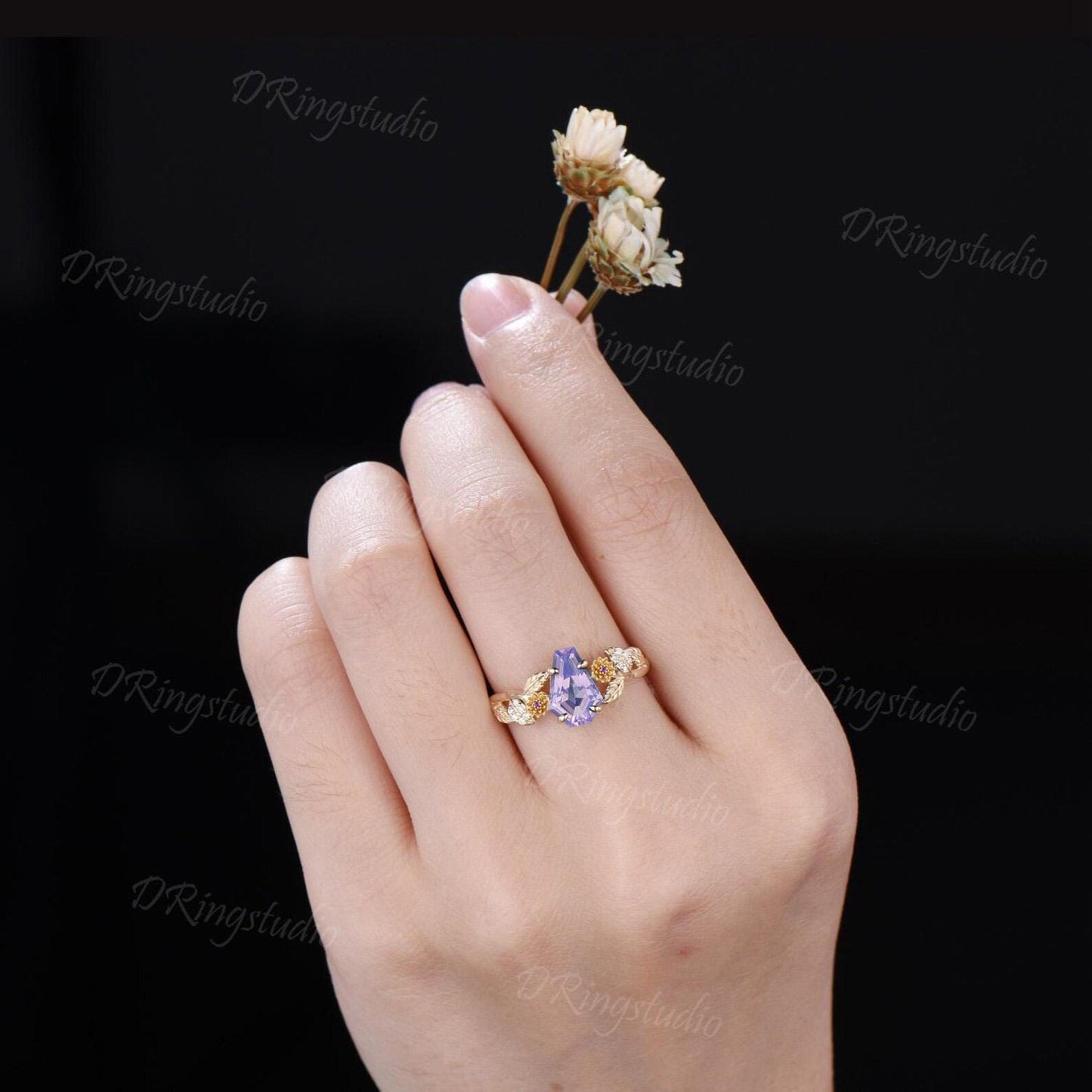 Coffin Cut Natural Lavender Amethyst Engagement Ring Chrysanthemum November Birth Flower Leaf Women Wedding Ring Personalized Birthday Gifts