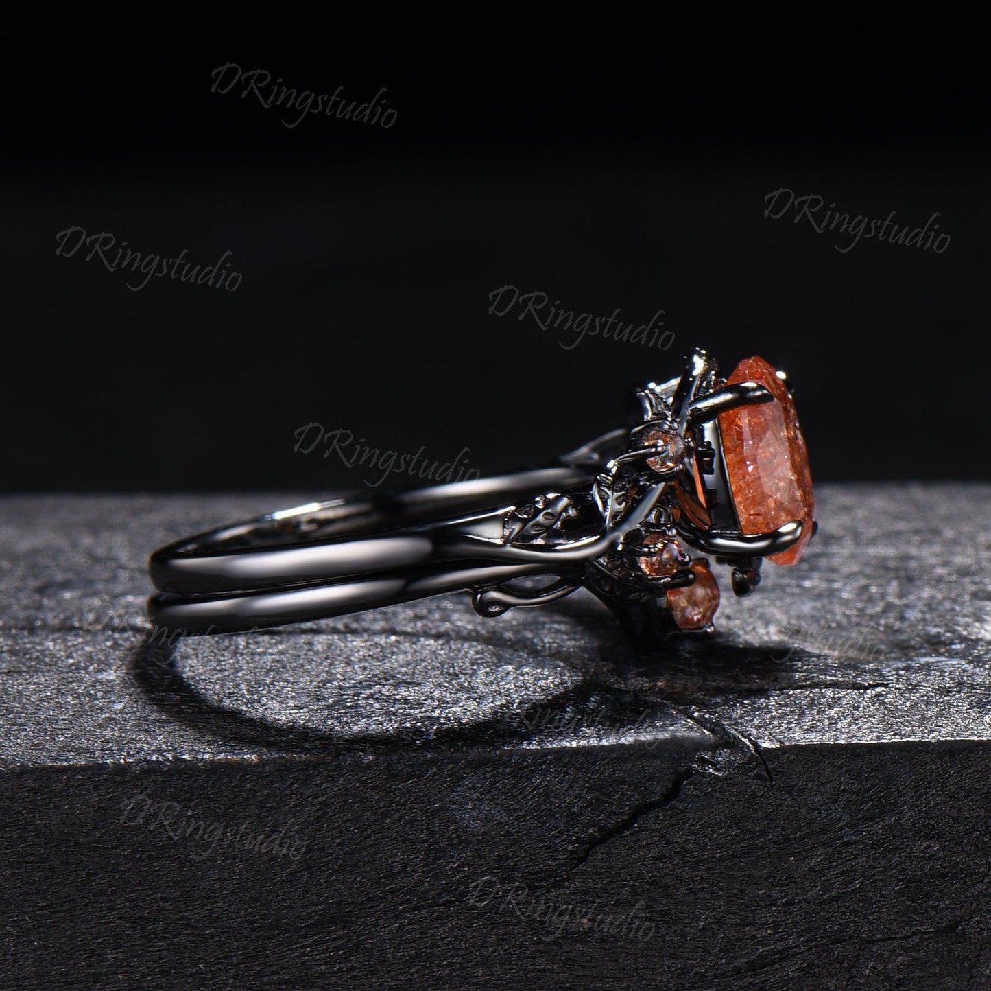 1.5ct Oval Natural Sunstone Engagement Ring Set Gothic Black Gold Leaf Vine Orange Promise Ring Golden Sunstone Cluster Ring Gift for Women