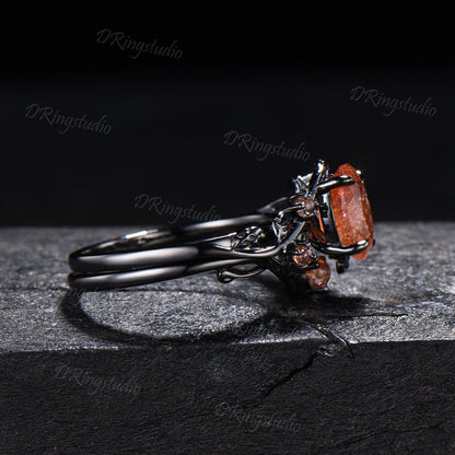 1.5ct Oval Natural Sunstone Engagement Ring Set Gothic Black Gold Leaf Vine Orange Promise Ring Golden Sunstone Cluster Ring Gift for Women
