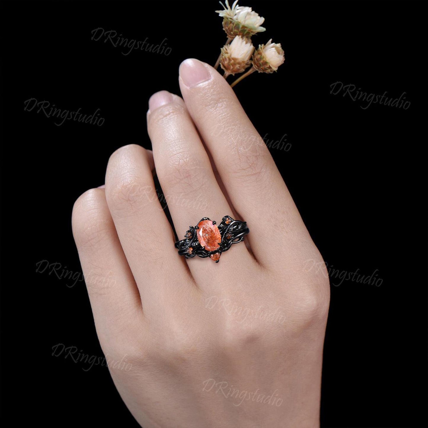 1.5ct Oval Natural Sunstone Engagement Ring Set Gothic Black Gold Leaf Vine Orange Promise Ring Golden Sunstone Cluster Ring Gift for Women