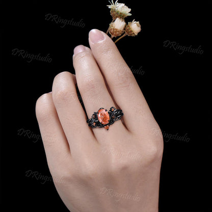 1.5ct Oval Natural Sunstone Engagement Ring Set Gothic Black Gold Leaf Vine Orange Promise Ring Golden Sunstone Cluster Ring Gift for Women