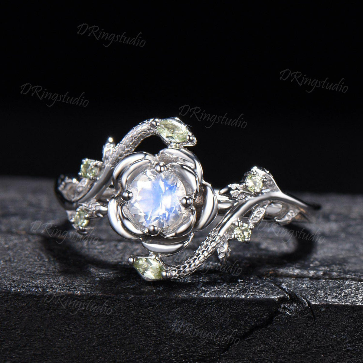 White Gold Snake Round Blue Moonstone Engagement Ring Rose Flower Twig Vine Natural Moonstone Peridot Wedding Ring Serpent Ring Promise Gift