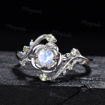White Gold Snake Round Blue Moonstone Engagement Ring Rose Flower Twig Vine Natural Moonstone Peridot Wedding Ring Serpent Ring Promise Gift