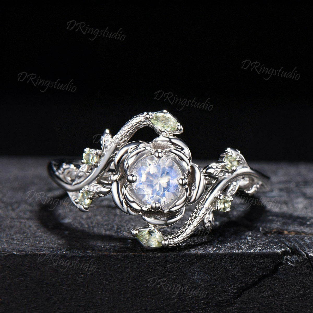 White Gold Snake Round Blue Moonstone Engagement Ring Rose Flower Twig Vine Natural Moonstone Peridot Wedding Ring Serpent Ring Promise Gift