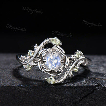 White Gold Snake Round Blue Moonstone Engagement Ring Rose Flower Twig Vine Natural Moonstone Peridot Wedding Ring Serpent Ring Promise Gift