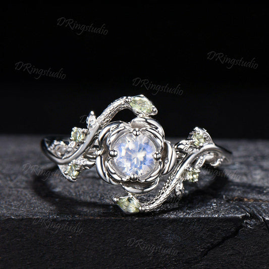 White Gold Snake Round Blue Moonstone Engagement Ring Rose Flower Twig Vine Natural Moonstone Peridot Wedding Ring Serpent Ring Promise Gift