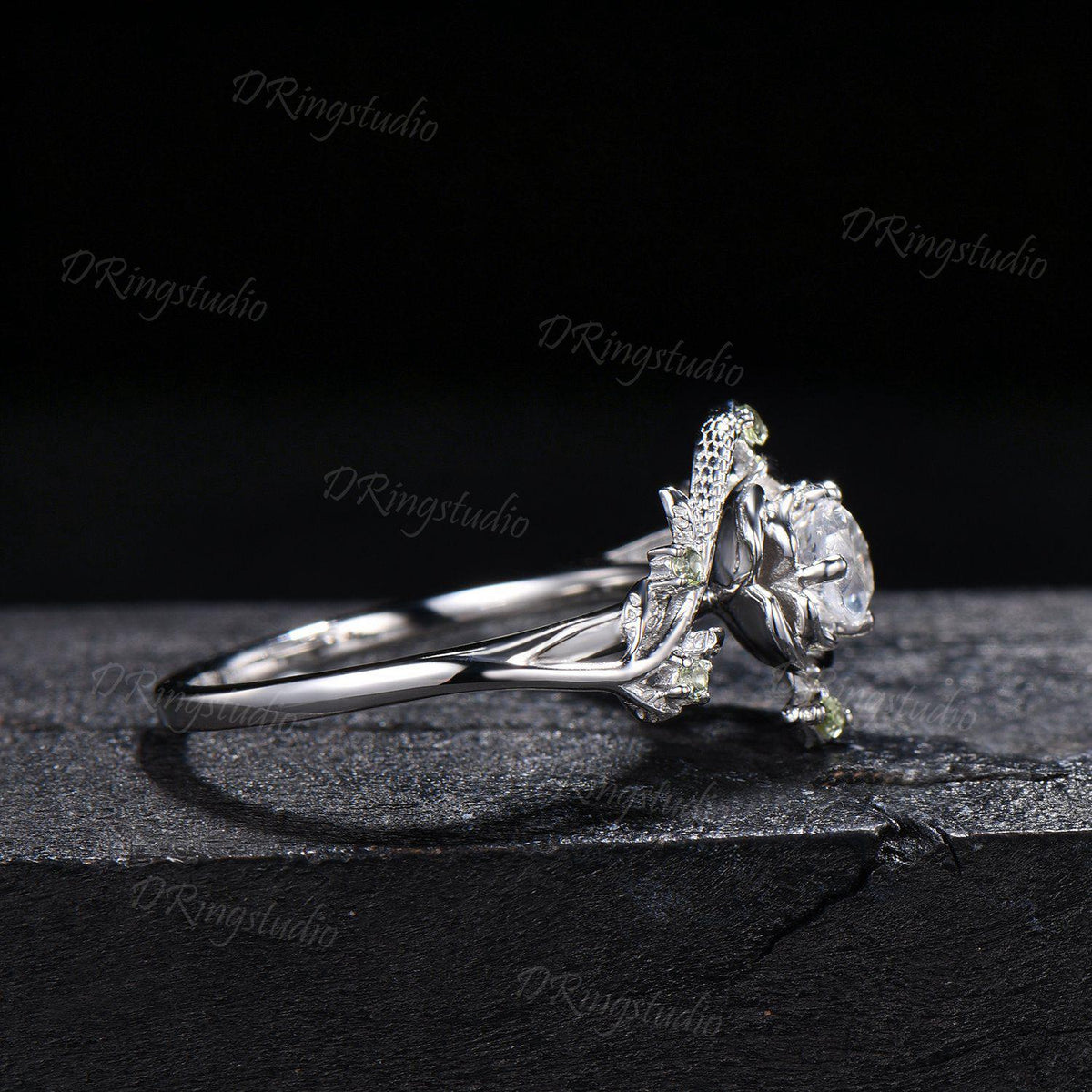 White Gold Snake Round Blue Moonstone Engagement Ring Rose Flower Twig Vine Natural Moonstone Peridot Wedding Ring Serpent Ring Promise Gift