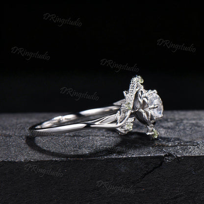 White Gold Snake Round Blue Moonstone Engagement Ring Rose Flower Twig Vine Natural Moonstone Peridot Wedding Ring Serpent Ring Promise Gift