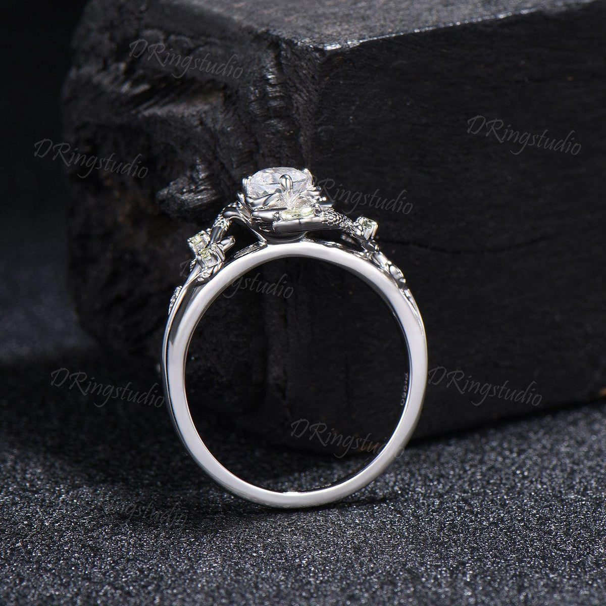White Gold Snake Round Blue Moonstone Engagement Ring Rose Flower Twig Vine Natural Moonstone Peridot Wedding Ring Serpent Ring Promise Gift