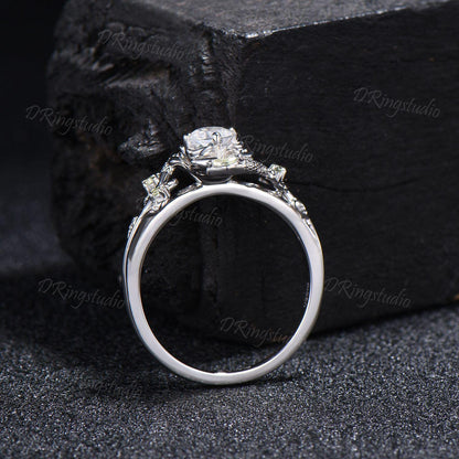 White Gold Snake Round Blue Moonstone Engagement Ring Rose Flower Twig Vine Natural Moonstone Peridot Wedding Ring Serpent Ring Promise Gift