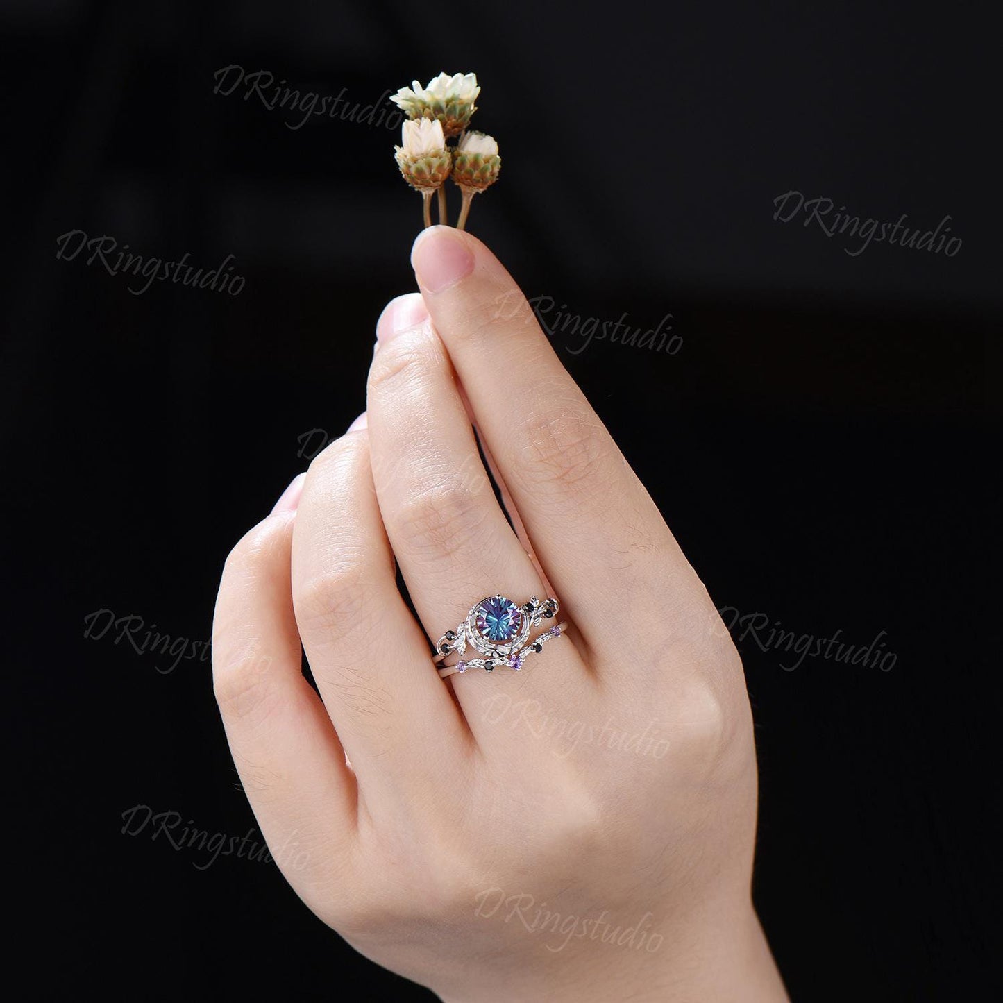1ct Round Fireworks Cut Alexandrite Crescent Moon Engagement Ring Set Nature Leaf Cluster Amethyst Black Spinel Silver Stacking Ring Set