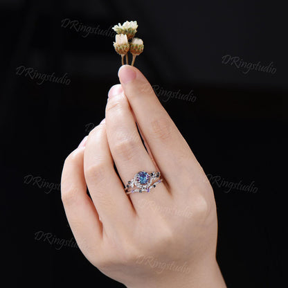 1ct Round Fireworks Cut Alexandrite Crescent Moon Engagement Ring Set Nature Leaf Cluster Amethyst Black Spinel Silver Stacking Ring Set