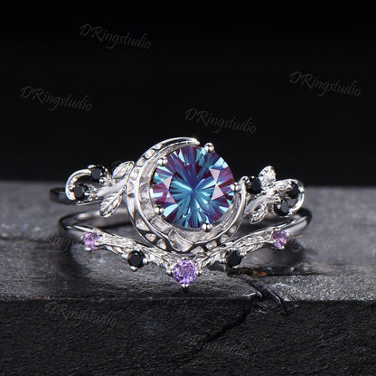1ct Round Fireworks Cut Alexandrite Crescent Moon Engagement Ring Set Nature Leaf Cluster Amethyst Black Spinel Silver Stacking Ring Set