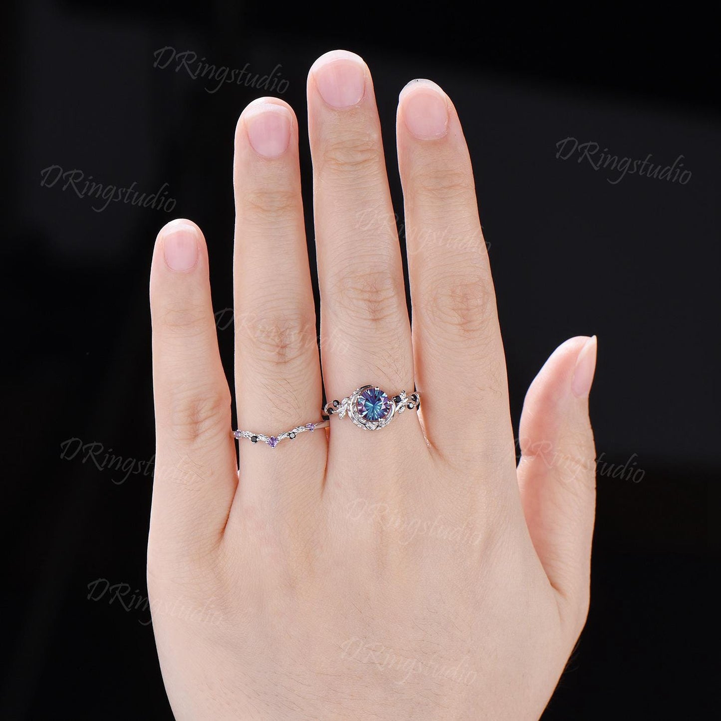 1ct Round Fireworks Cut Alexandrite Crescent Moon Engagement Ring Set Nature Leaf Cluster Amethyst Black Spinel Silver Stacking Ring Set